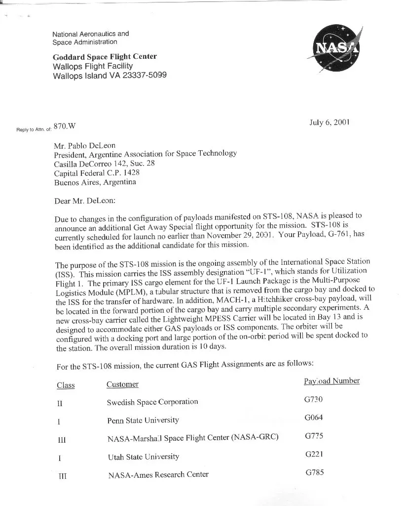 Carta de la NASA confirmando la asignación de vuelo del PADE en la misión STS-108