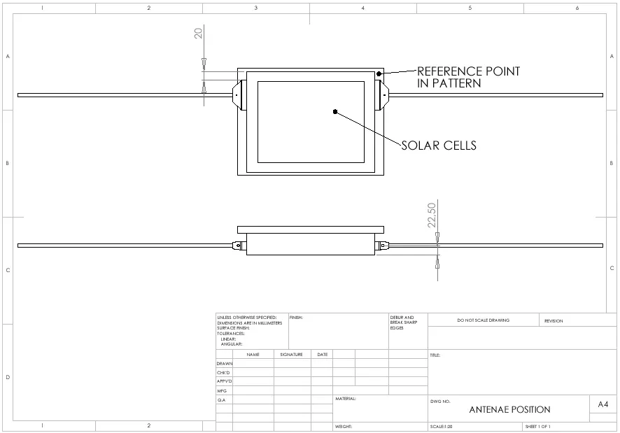 Plano técnico de posicionamiento de antenas y paneles solares del Pehuensat-1