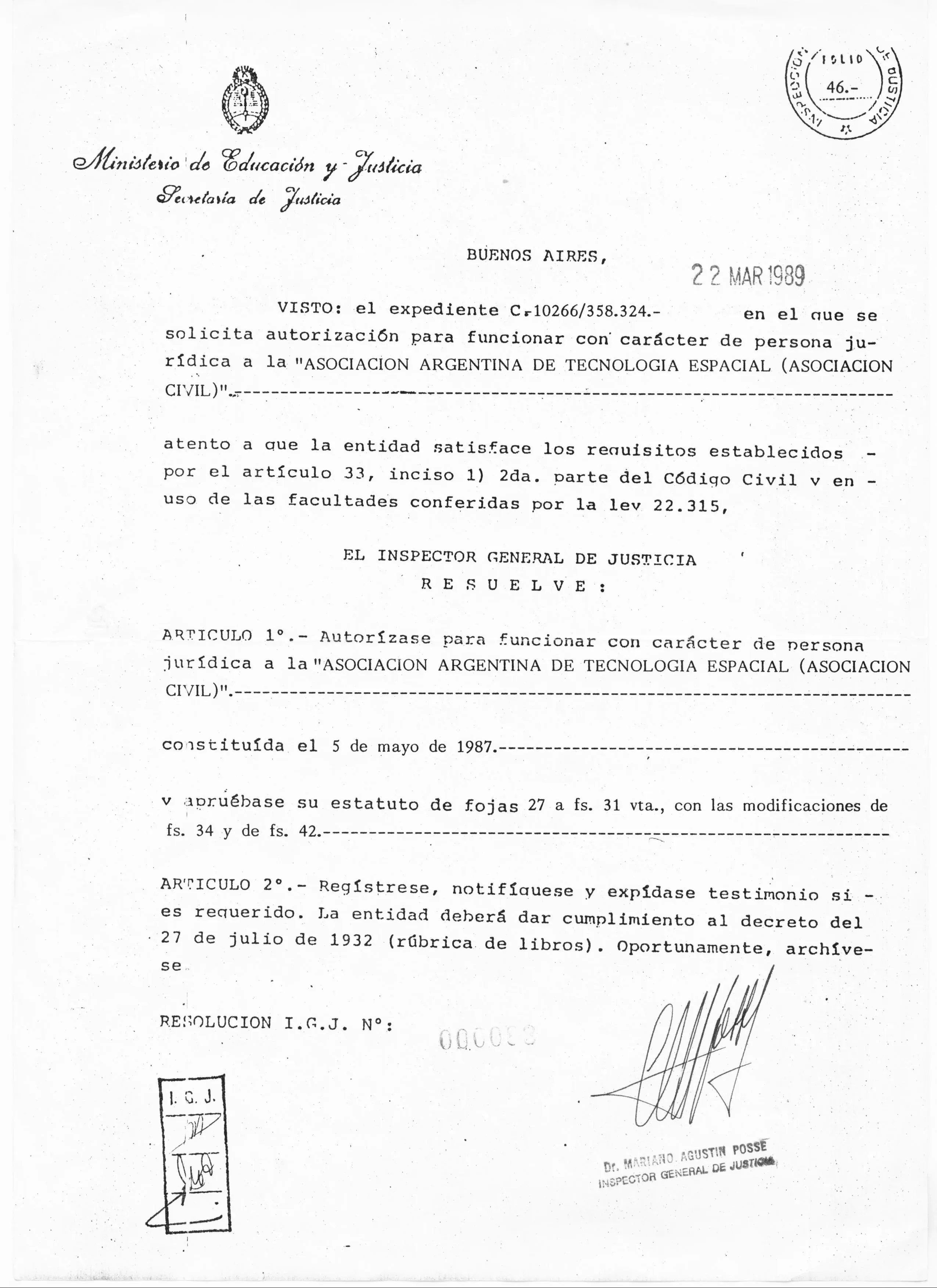 Facsímil de la resolución de la Inspección General de Justicia que otorgó la personería jurídica a la AATE
